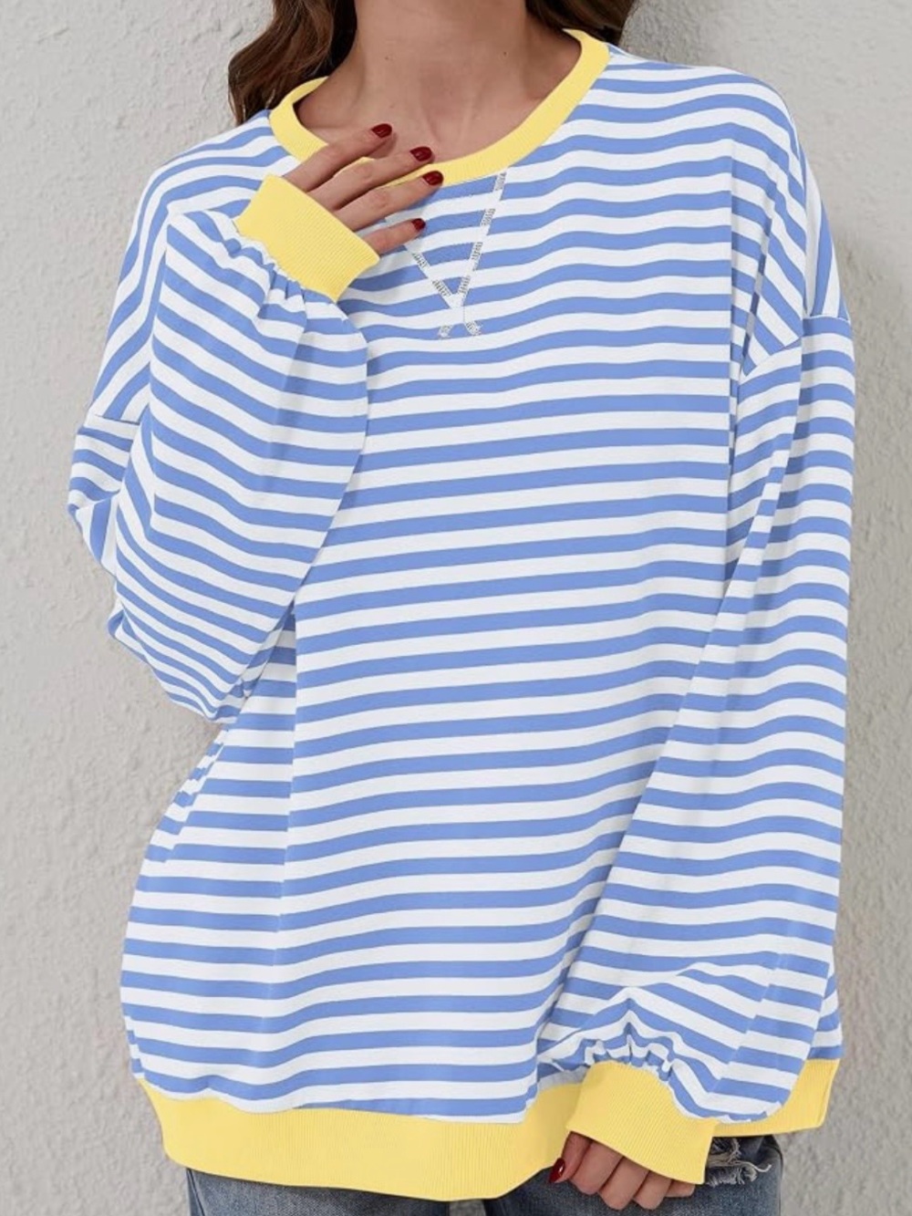 Striped Relaxed Crewneck Top in Light Blue & Yellow